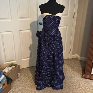 Vtg 50s Marshall & Field Navy blue pink polka dot sweetheart dress sz S-M
